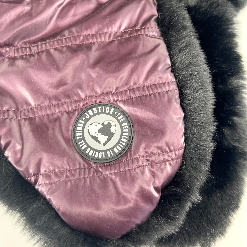 Justice Girls Metallic Purple Quilted Trapper Hat and‎ Mittens Set Faux Fur Trim